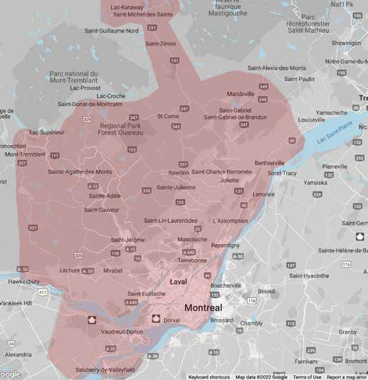 Territoire desservi par l'unité mobile du Groupe Kenworth Montréal
